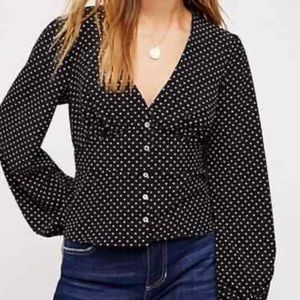 FREE PEOPLE Shirt Womens Medium Black Love Street Top Polka Dot Print V-neck